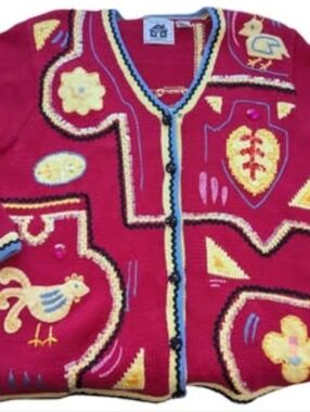 1XL Storybook Knits for HSN "Mola Festival" Beaded Embroidered Chicken Sweater